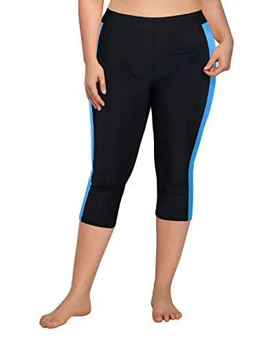 Plus Size Swim Bottoms Built In Brief Modesty Swimming Leggings-Black Blue
