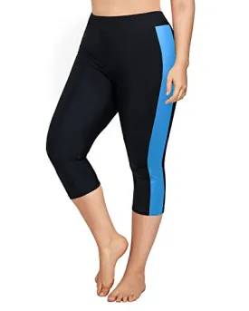 Plus Size Swim Bottoms Built In Brief Modesty Swimming Leggings-Black Blue
