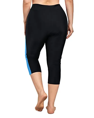 Plus Size Swim Bottoms Built In Brief Modesty Swimming Leggings-Black Blue