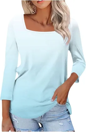 Plus Size Tops Womens 3/4 Length Sleeves Square Collar Gradient Color Tunic Top Casual Loose Going Out T-Shirts Summer