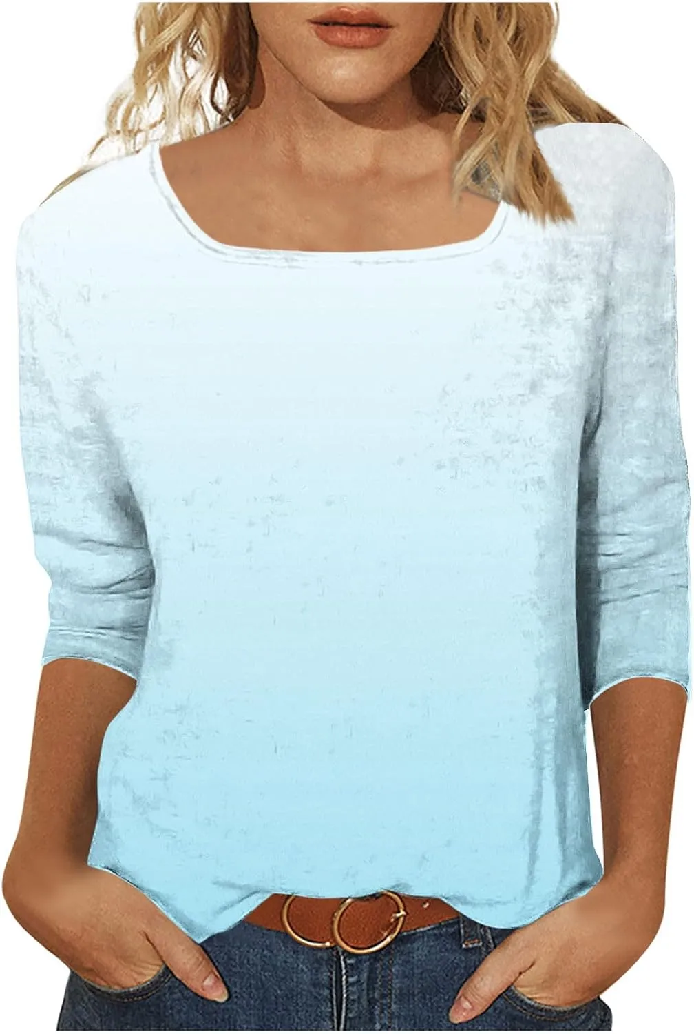 Plus Size Tops Womens 3/4 Length Sleeves Square Collar Gradient Color Tunic Top Casual Loose Going Out T-Shirts Summer
