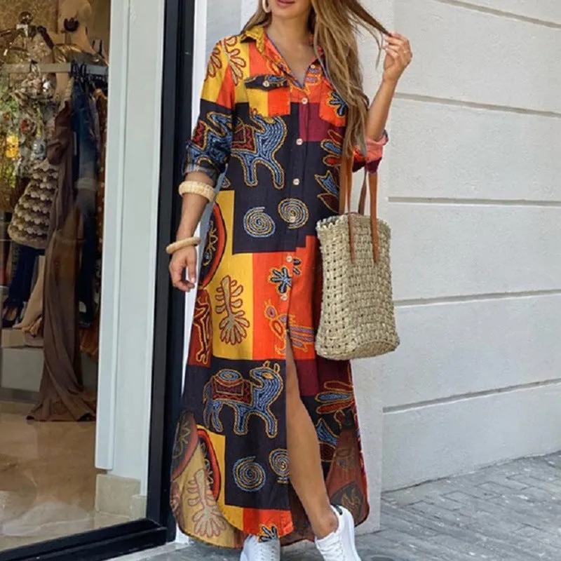 Print Casual Maxi Dresses Long Shirt Dress Women's Clothing Online