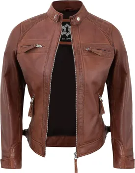 Real Lambskin Trendy Womens Leather Jackets Moto Biker Style Zip Up Motorcycle Jacket Women Outerwear With Pockets