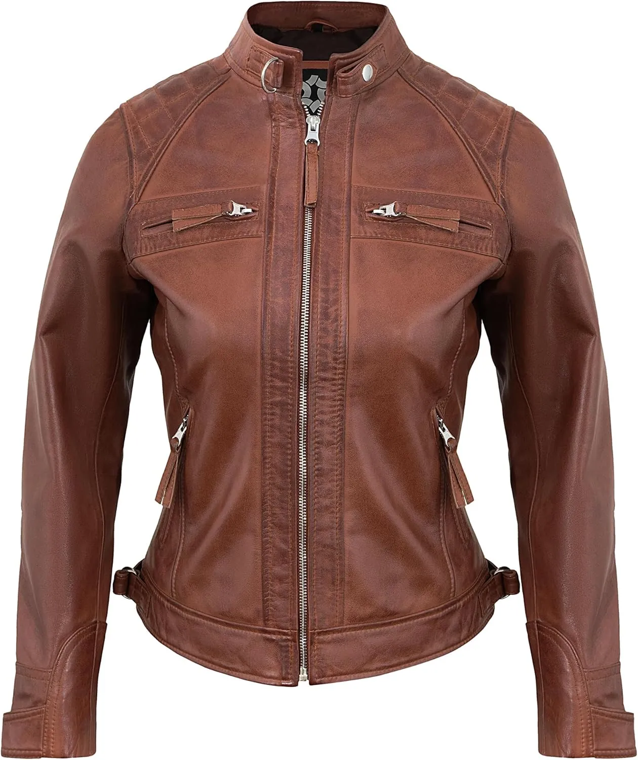 Real Lambskin Trendy Womens Leather Jackets Moto Biker Style Zip Up Motorcycle Jacket Women Outerwear With Pockets