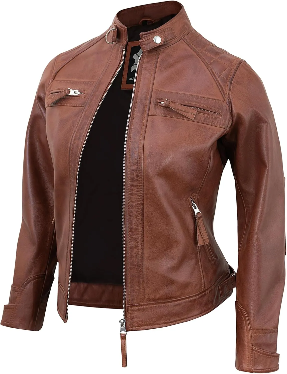 Real Lambskin Trendy Womens Leather Jackets Moto Biker Style Zip Up Motorcycle Jacket Women Outerwear With Pockets