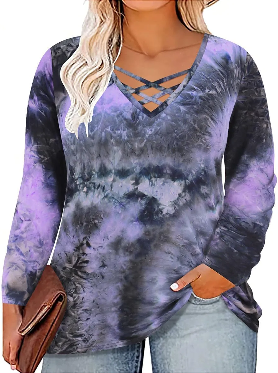 RITERA Plus Size Tops for Women Color Block Long Sleeve Shirts Casual Crewneck Tunics Fall Winter XL-5XL