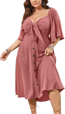 SCOMCHIC Plus Size Summer Dress Casual Short Sleeve Bow Tie Deep V Neck Smocked Button Down Midi Flowy A-line Boho Dresses
