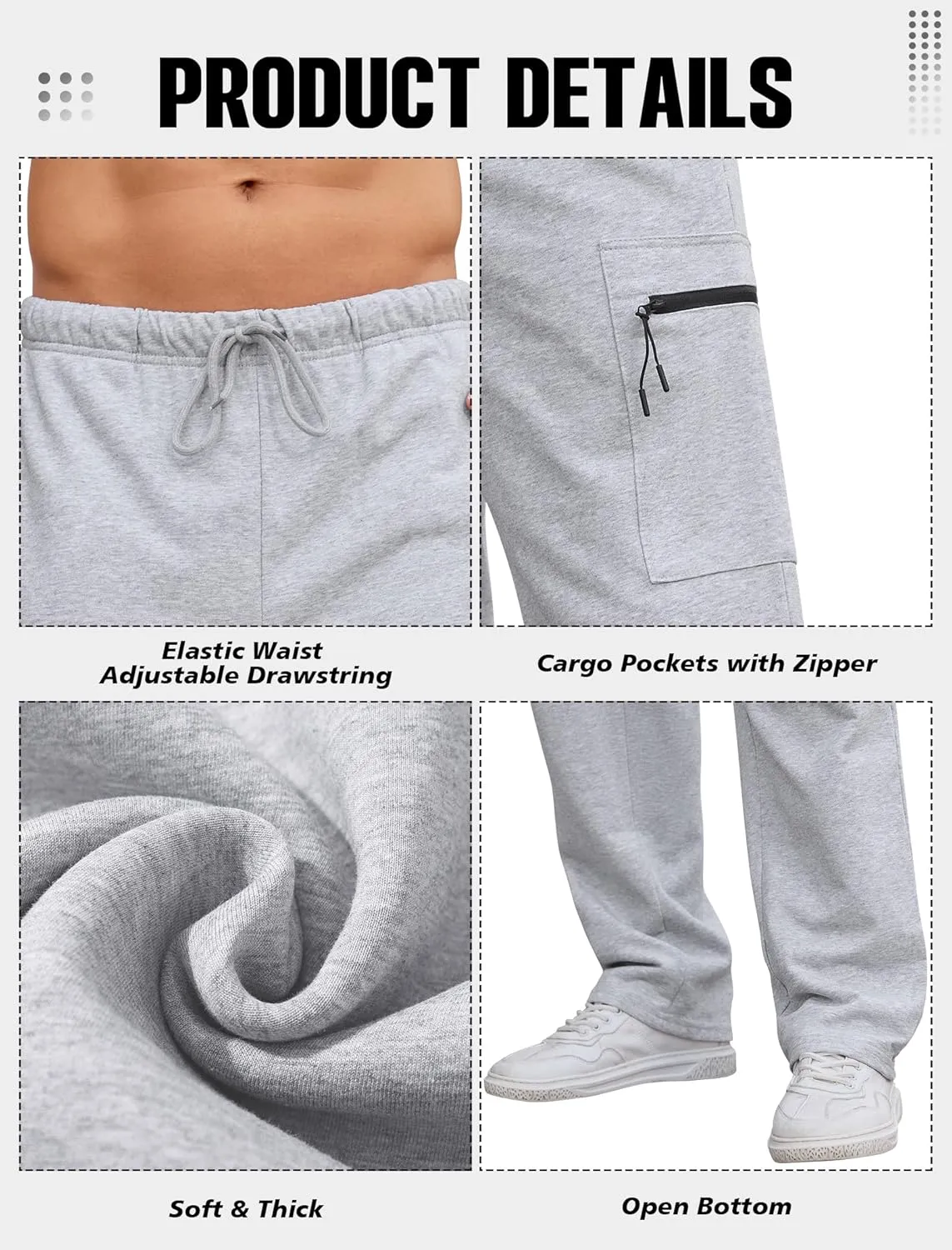 SILKWORLD Sweatpants for Men Zipper Cargo Pockets Joggers Open Bottom Casual Pants for Athletic, Jogging, Running, Workout