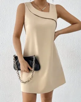 Slant neck sleeveless fashionable solid color dress