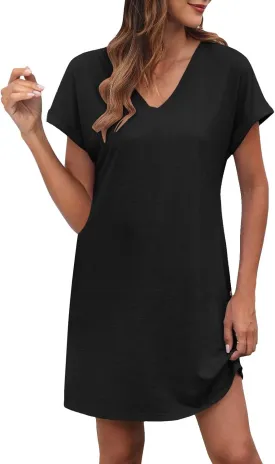 Summer Beach Dresses for Women V Neck Short Sleeve Flowy Knee Length Tshirt Dress Casual Loose Sundress