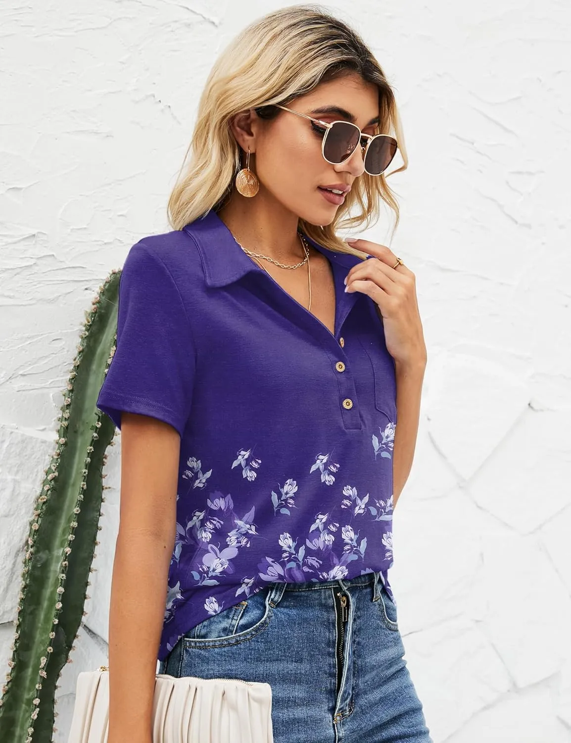 TFSDOD Womens Short Sleeve Polo T Shirts Business Casual Collared V Neck Button Down Tunics Tops with Pocket