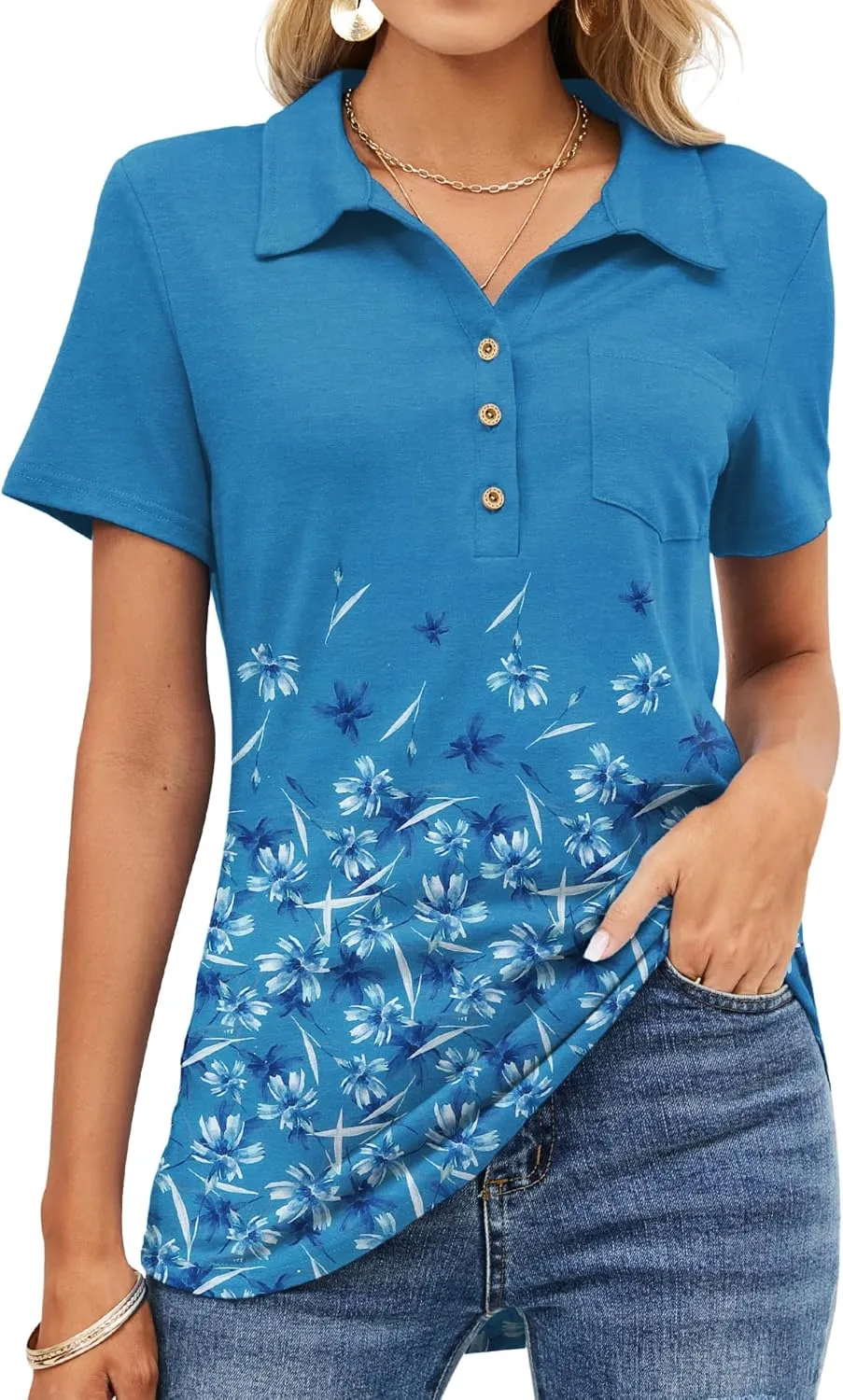 TFSDOD Womens Short Sleeve Polo T Shirts Business Casual Collared V Neck Button Down Tunics Tops with Pocket