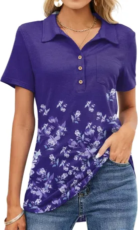 TFSDOD Womens Short Sleeve Polo T Shirts Business Casual Collared V Neck Button Down Tunics Tops with Pocket