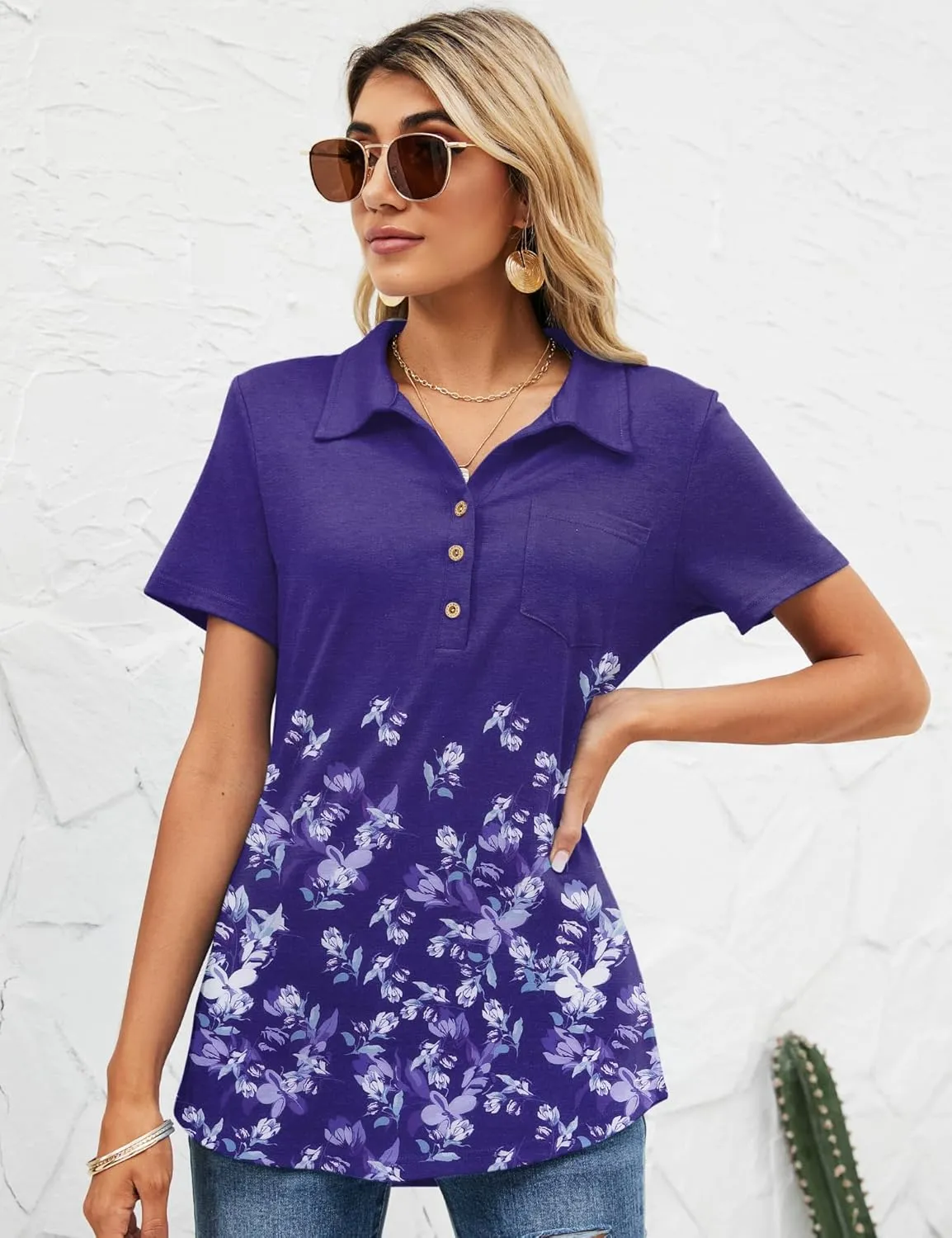 TFSDOD Womens Short Sleeve Polo T Shirts Business Casual Collared V Neck Button Down Tunics Tops with Pocket