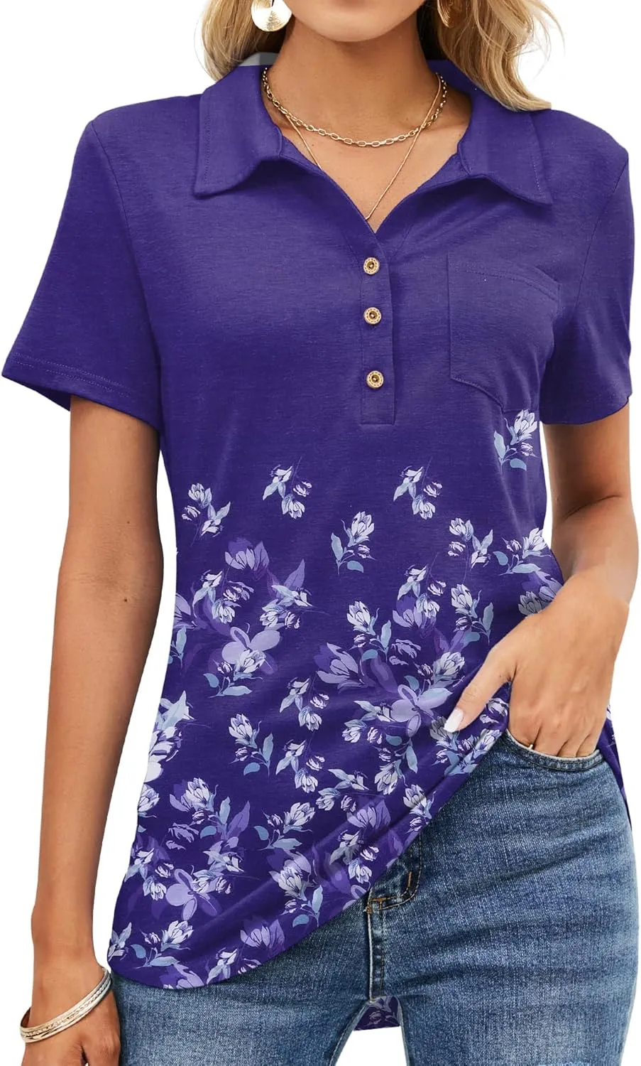 TFSDOD Womens Short Sleeve Polo T Shirts Business Casual Collared V Neck Button Down Tunics Tops with Pocket