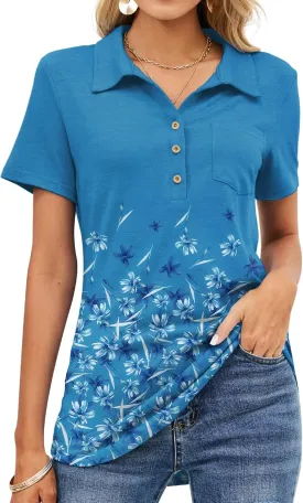 TFSDOD Womens Short Sleeve Polo T Shirts Business Casual Collared V Neck Button Down Tunics Tops with Pocket