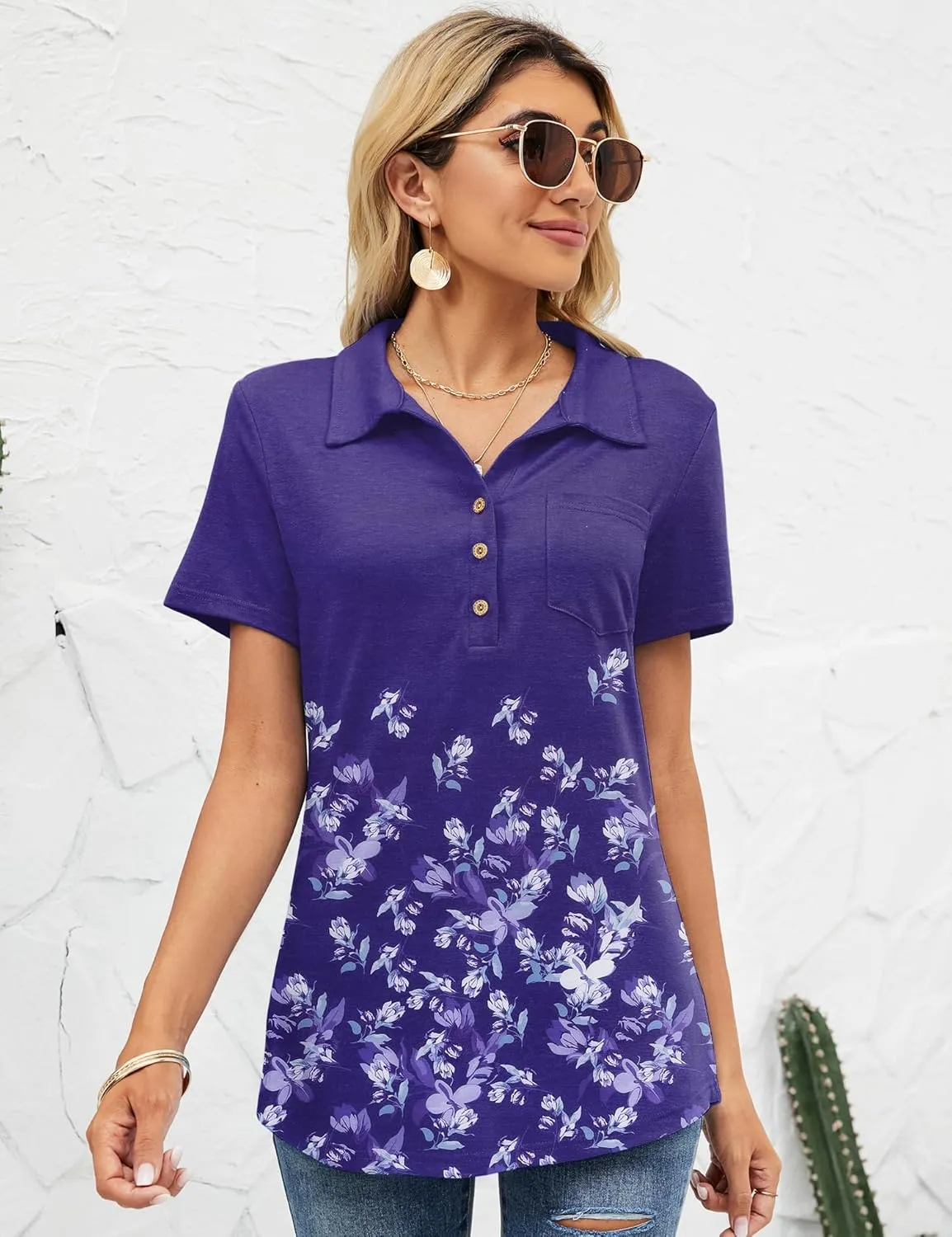 TFSDOD Womens Short Sleeve Polo T Shirts Business Casual Collared V Neck Button Down Tunics Tops with Pocket