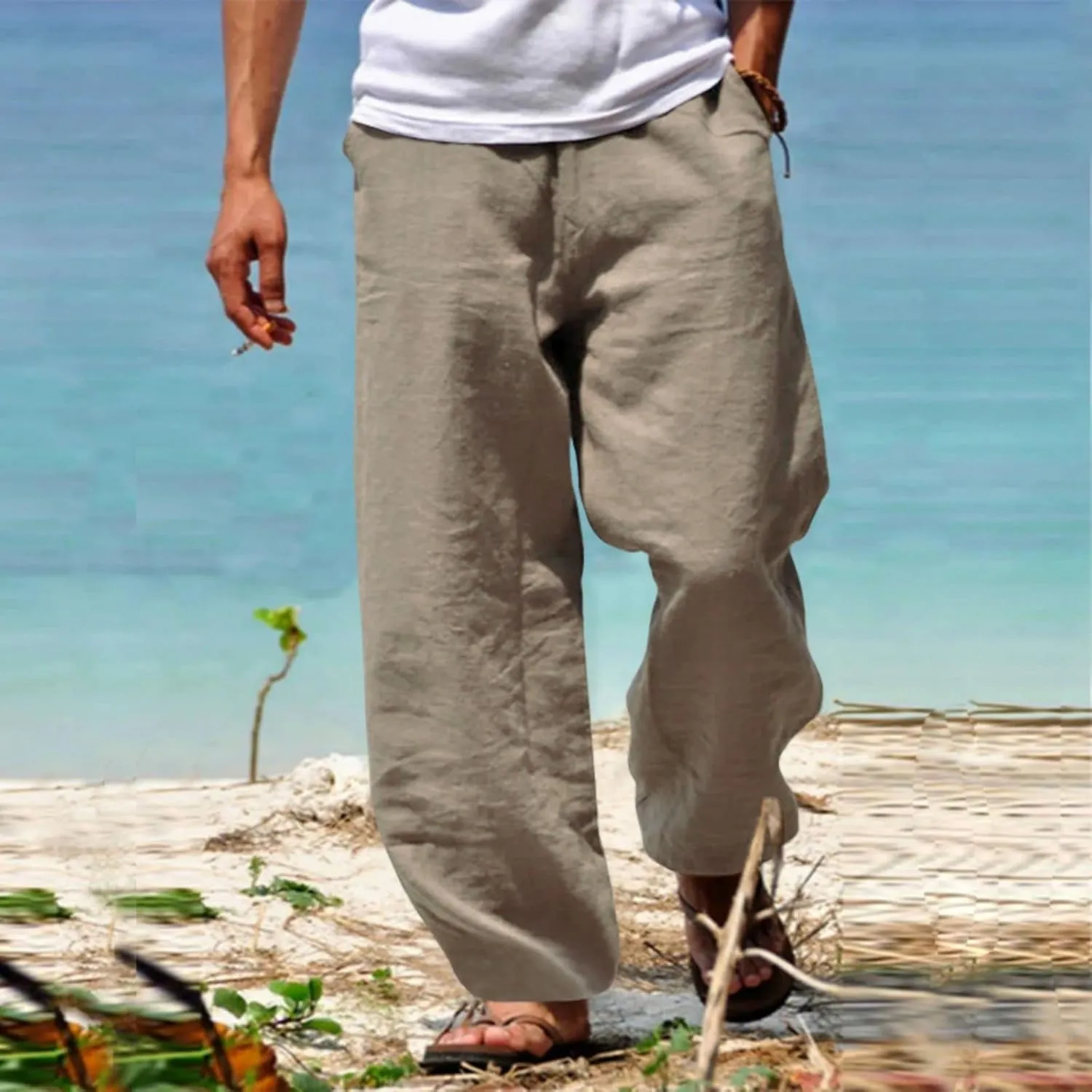 Wankang Linen Pants for Men Loose Fit Elastic Waist Drawstring Yoga Beach Pants Casual Lightweight Hippie Trousers