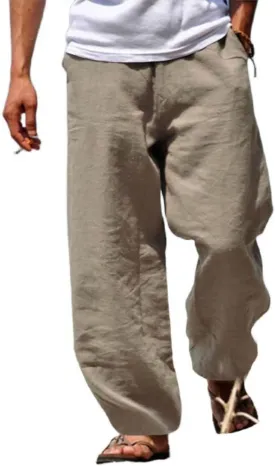 Wankang Linen Pants for Men Loose Fit Elastic Waist Drawstring Yoga Beach Pants Casual Lightweight Hippie Trousers