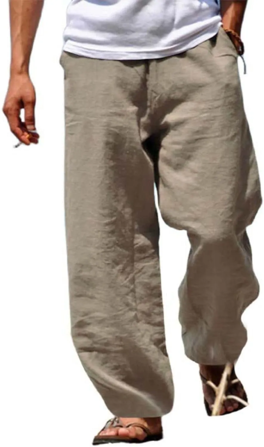 Wankang Linen Pants for Men Loose Fit Elastic Waist Drawstring Yoga Beach Pants Casual Lightweight Hippie Trousers