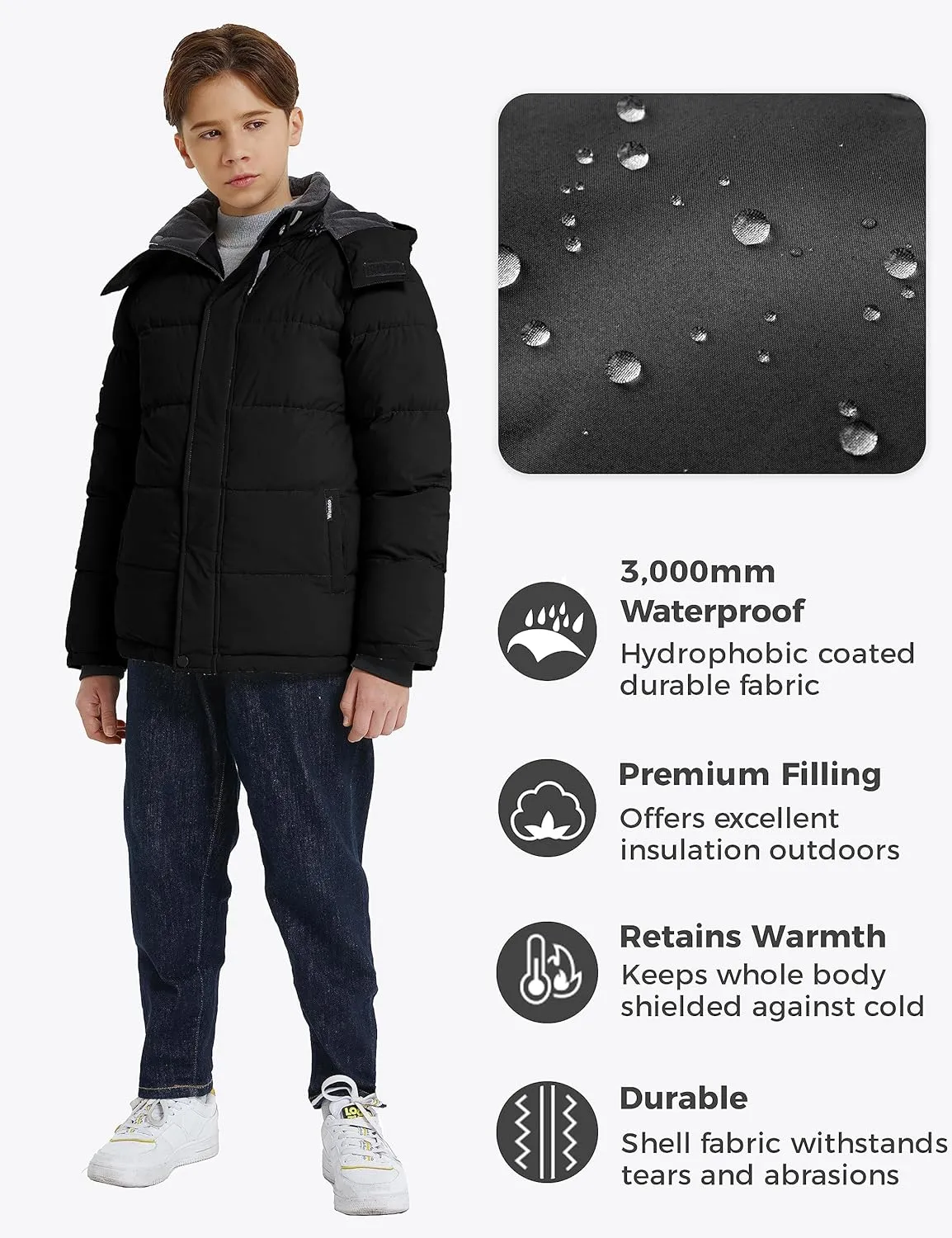 wantdo Boy's Fleece Winter Coat Waterproof Puffer Jacket Warm Winter Jackets with Hood