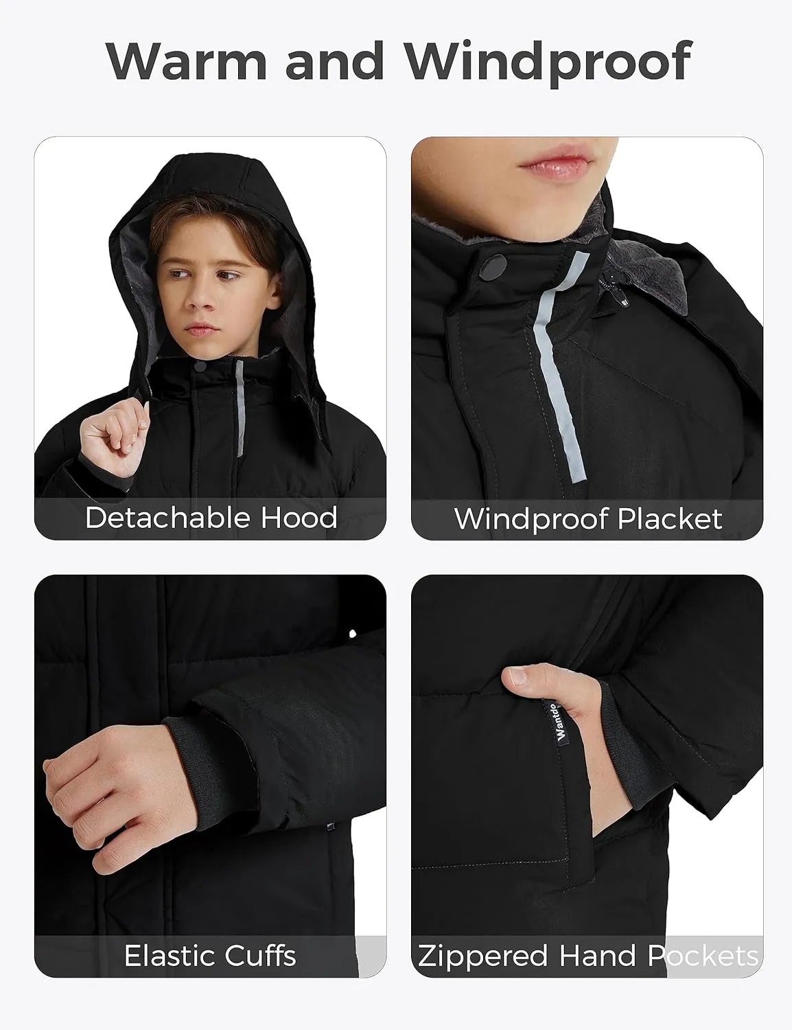wantdo Boy's Fleece Winter Coat Waterproof Puffer Jacket Warm Winter Jackets with Hood