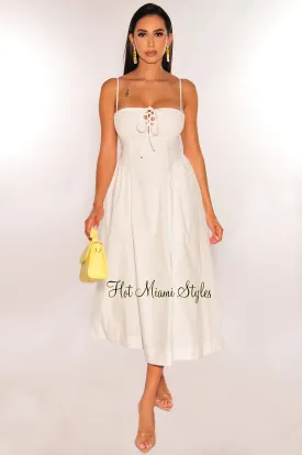 White Smocked Lace Up Spaghetti Straps Cami Dress