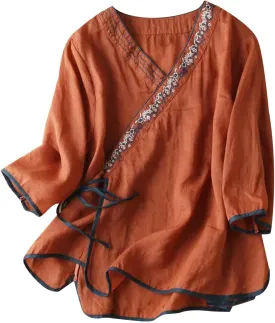 Women Cotton Linen Shirts Vintage Chinese Embroidery 3/4 Sleeve Casual Trendy Tops Loose V Neck Side Tie Slit Blouse
