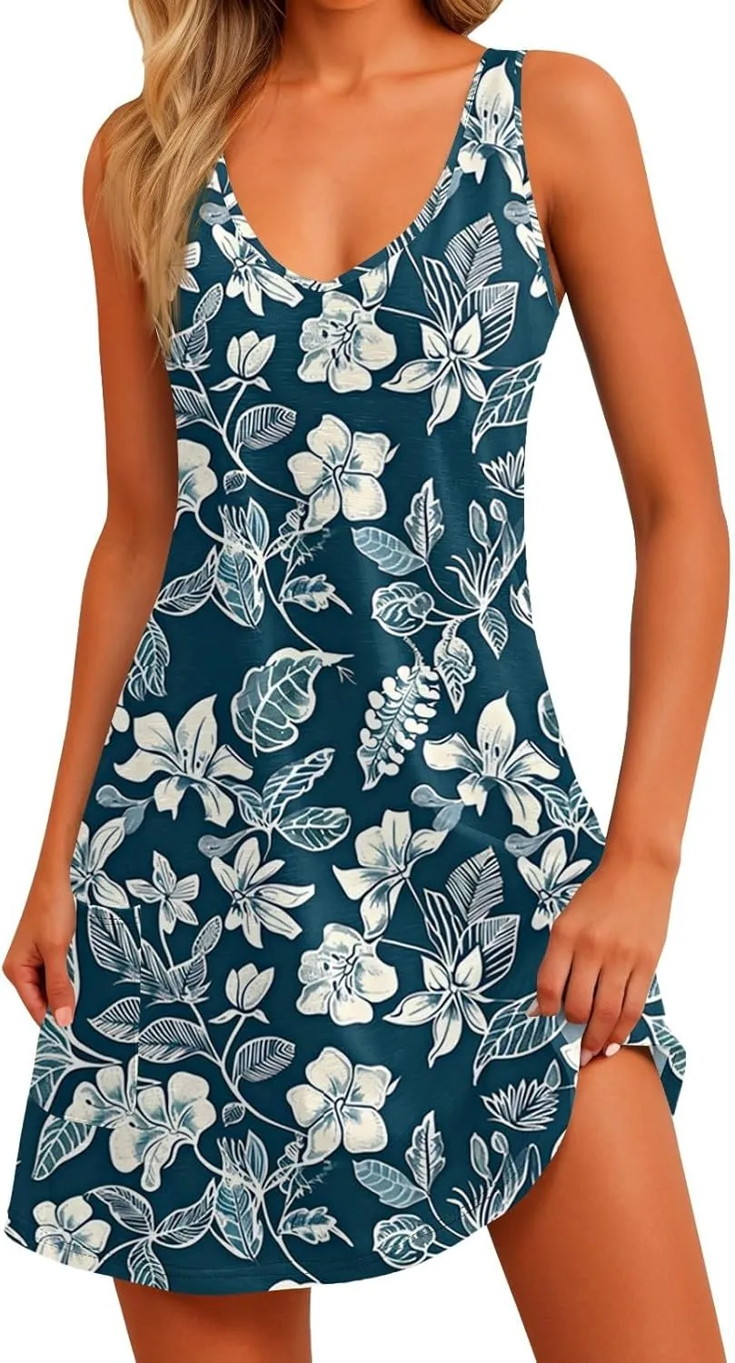 Women Summer Dresses Sleeveless Vacation Swimsuit Coverup Beach V Neck Dress with Pocket 2025 Printed Sundress