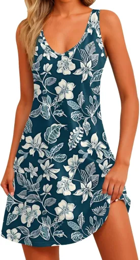 Women Summer Dresses Sleeveless Vacation Swimsuit Coverup Beach V Neck Dress with Pocket 2025 Printed Sundress