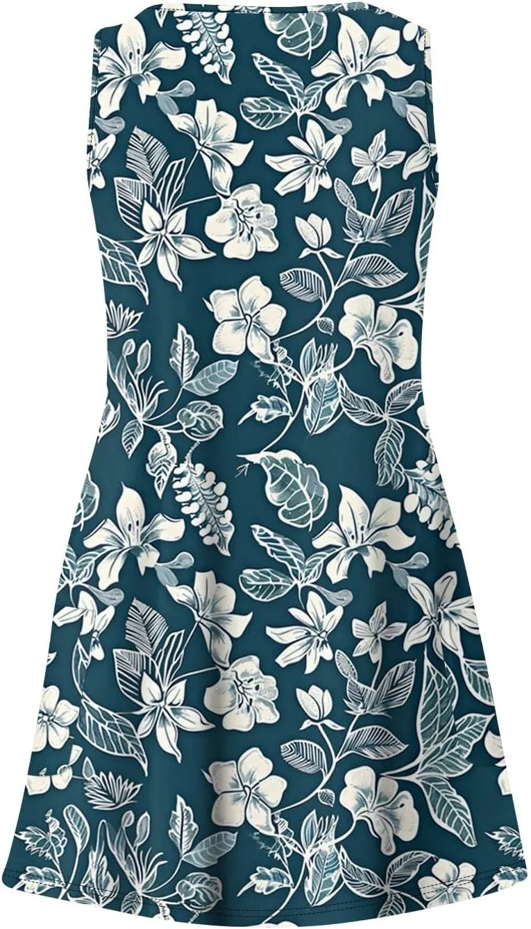 Women Summer Dresses Sleeveless Vacation Swimsuit Coverup Beach V Neck Dress with Pocket 2025 Printed Sundress