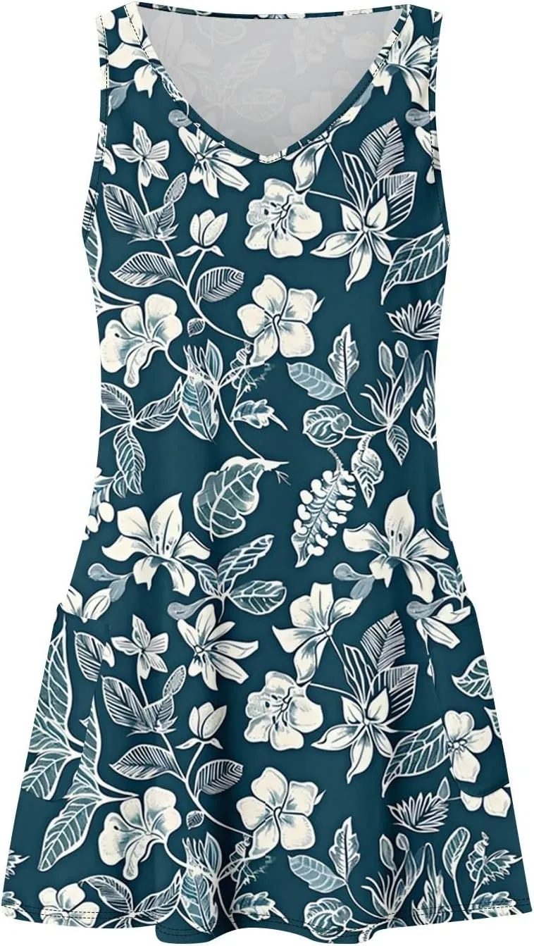 Women Summer Dresses Sleeveless Vacation Swimsuit Coverup Beach V Neck Dress with Pocket 2025 Printed Sundress