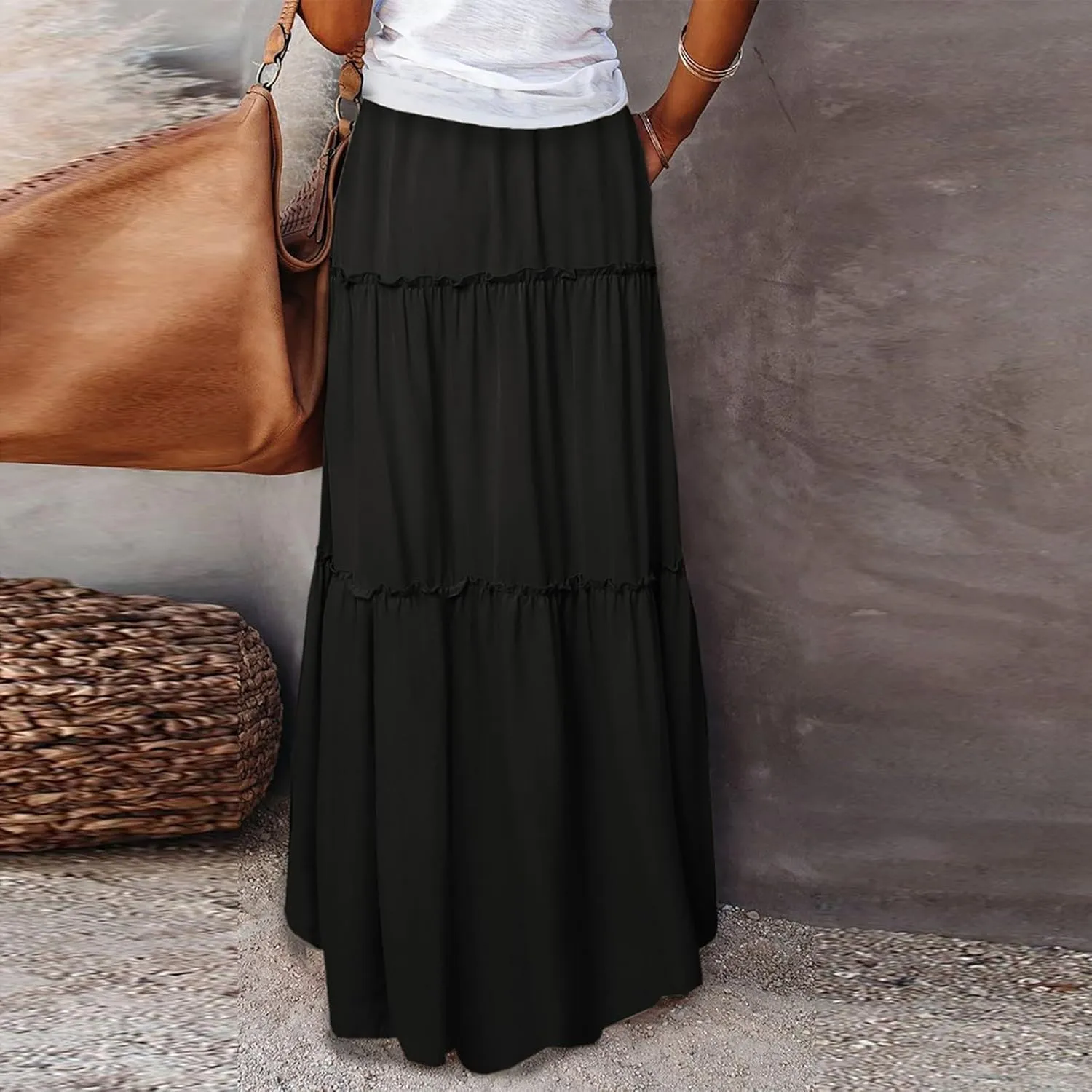 Womens Boho Tiered High Waist Tie Paisley Floral Print Long Maxi Skirt with Pockets