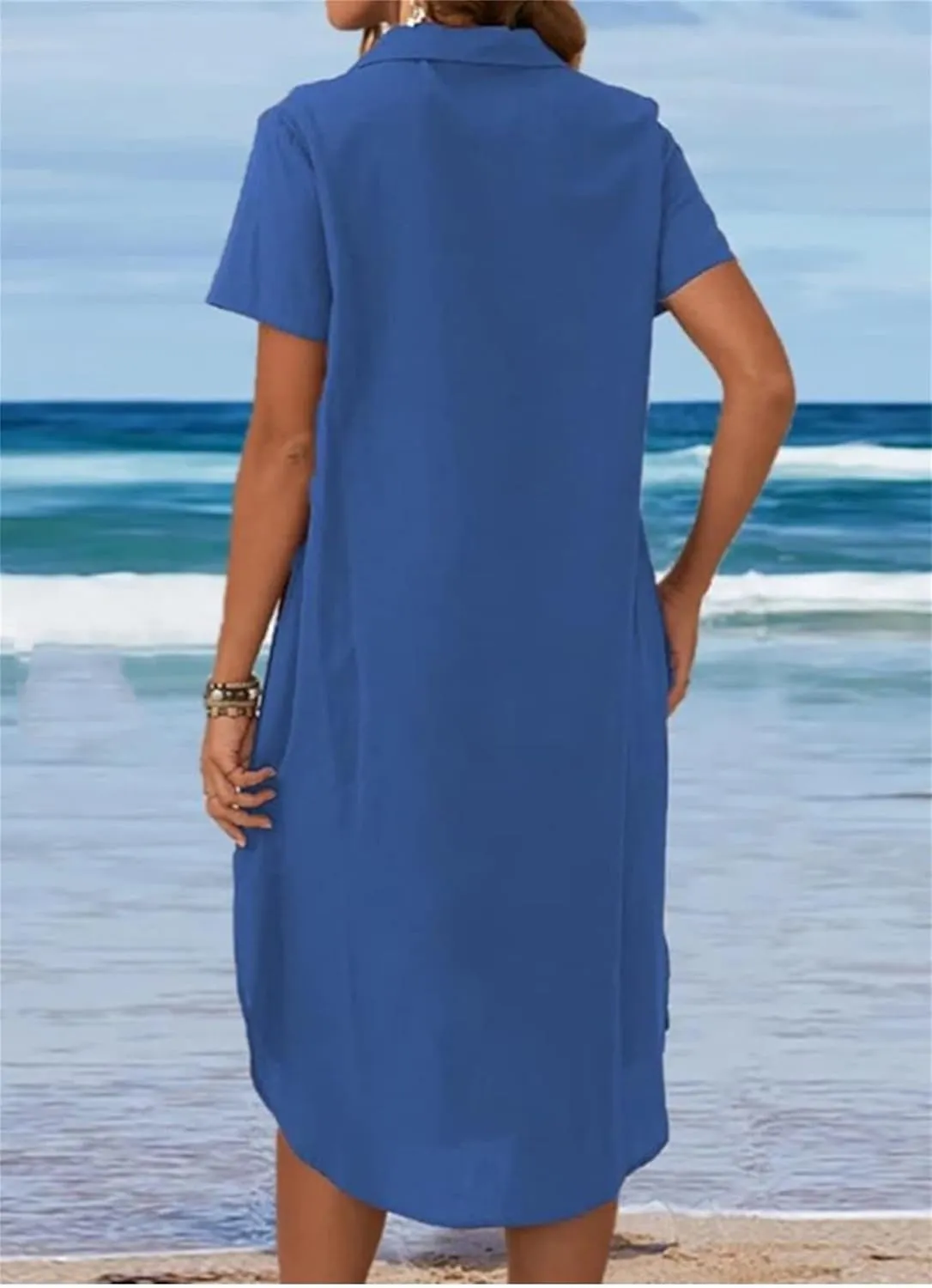 Womens Cotton Linen Shirt Dress Summer Casual Short Sleeve Cover Up Dress Button Down Beach Vacation Dresses Pockets