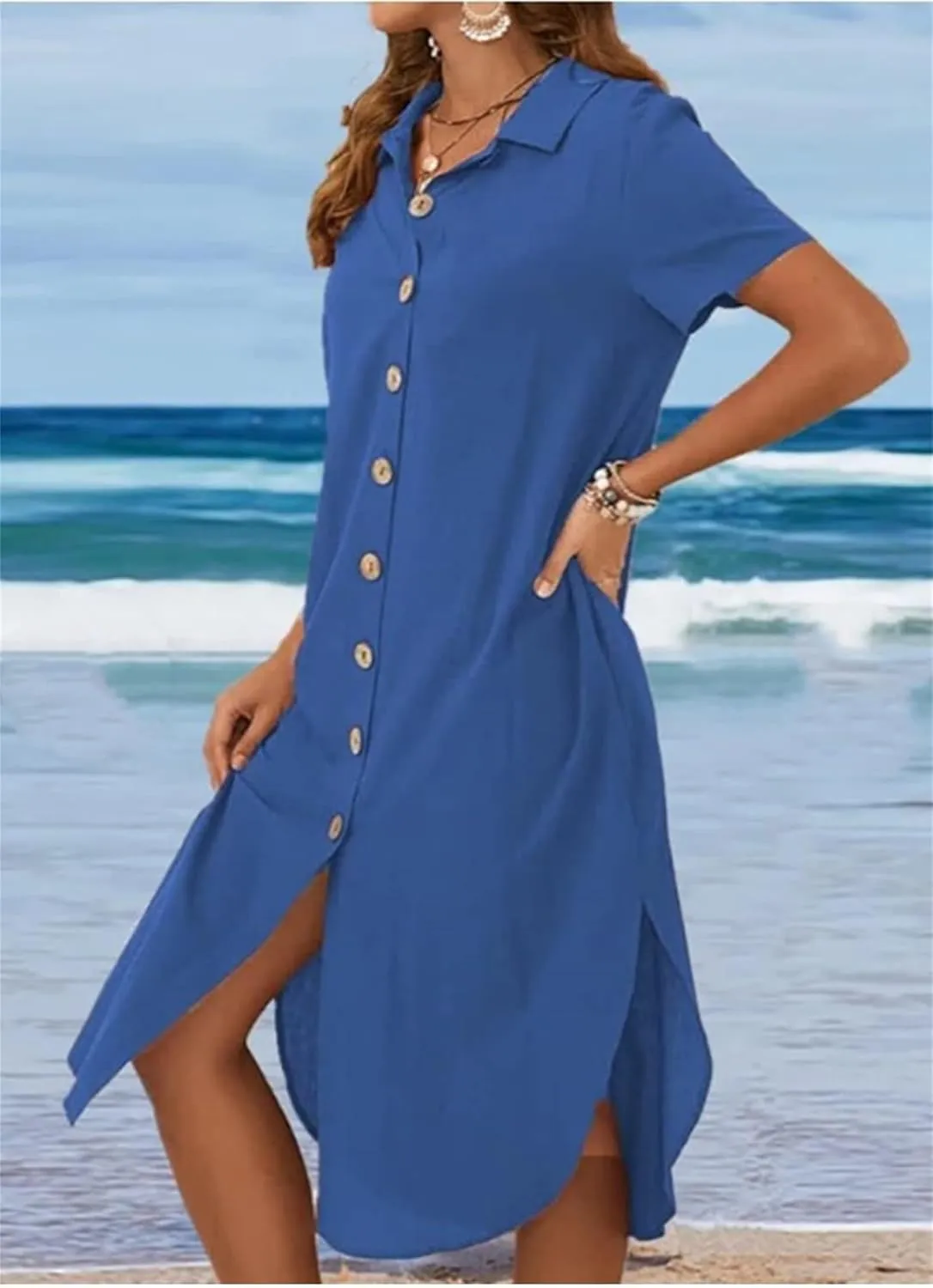 Womens Cotton Linen Shirt Dress Summer Casual Short Sleeve Cover Up Dress Button Down Beach Vacation Dresses Pockets
