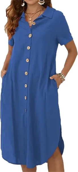 Womens Cotton Linen Shirt Dress Summer Casual Short Sleeve Cover Up Dress Button Down Beach Vacation Dresses Pockets
