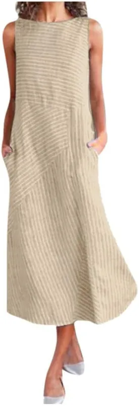 Women's Cotton Linen Sleeveless Midi Dress Striped Print Tank Dresses Flowy Casual Beach Long Sundress with Pocket