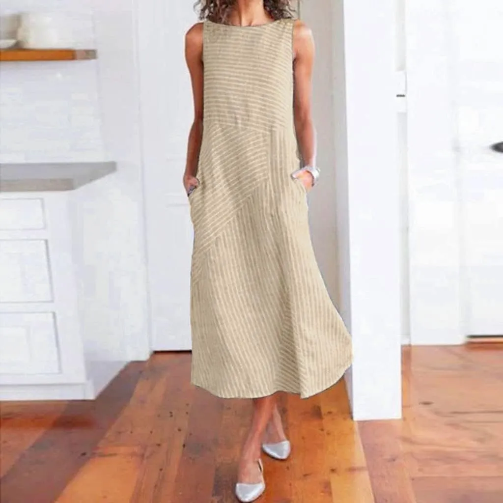 Women's Cotton Linen Sleeveless Midi Dress Striped Print Tank Dresses Flowy Casual Beach Long Sundress with Pocket