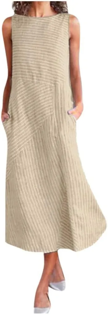 Women's Cotton Linen Sleeveless Midi Dress Striped Print Tank Dresses Flowy Casual Beach Long Sundress with Pocket