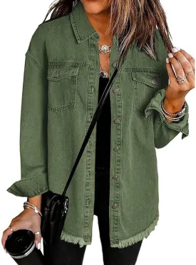 Women's Denim Jacket Casual Boyfriend Denim Shirts Distresse 2025 Long Sleeve Pockets Oversized Jean Jackets