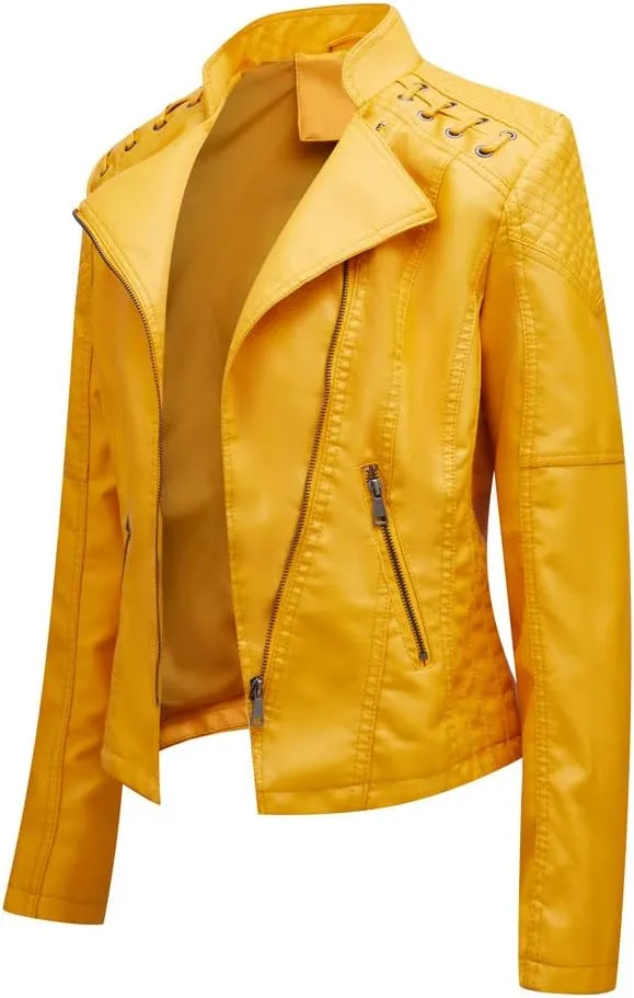 Women's Faux Leather Motorcycle Jacket Casual Fashion Lapel Zip Up Solid Color PU Cropped Biker Coat with Pockets