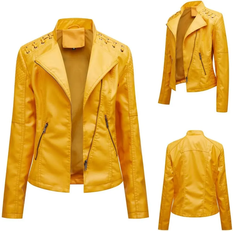 Women's Faux Leather Motorcycle Jacket Casual Fashion Lapel Zip Up Solid Color PU Cropped Biker Coat with Pockets
