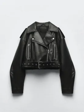 Women's Faux Pu Leather Short Jacket with Belt