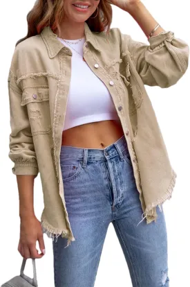 Womens Ripped Distressed Denim Jacket Tops Oversized Casual Long Sleeve Basic Jean Jacket Coats
