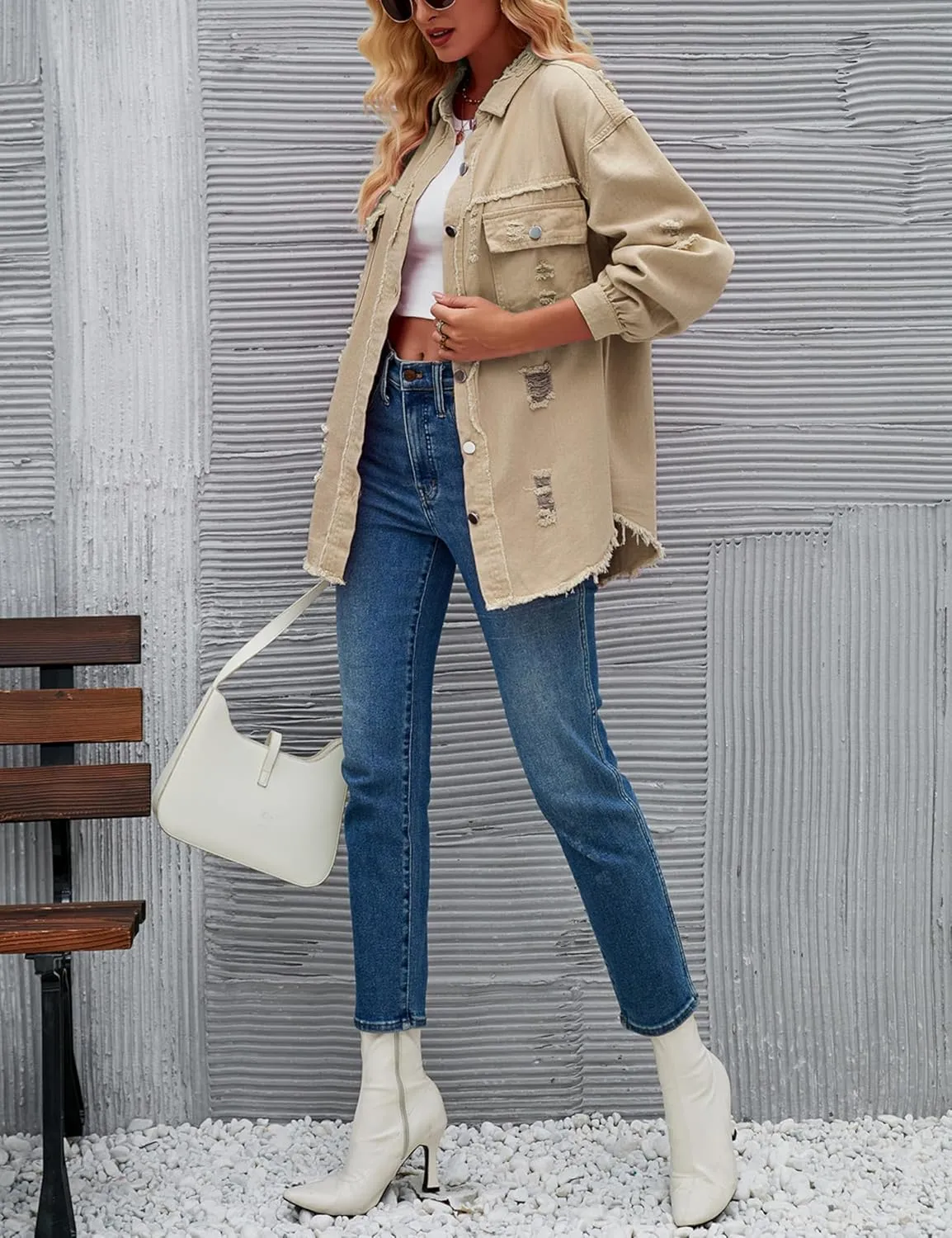 Womens Ripped Distressed Denim Jacket Tops Oversized Casual Long Sleeve Basic Jean Jacket Coats