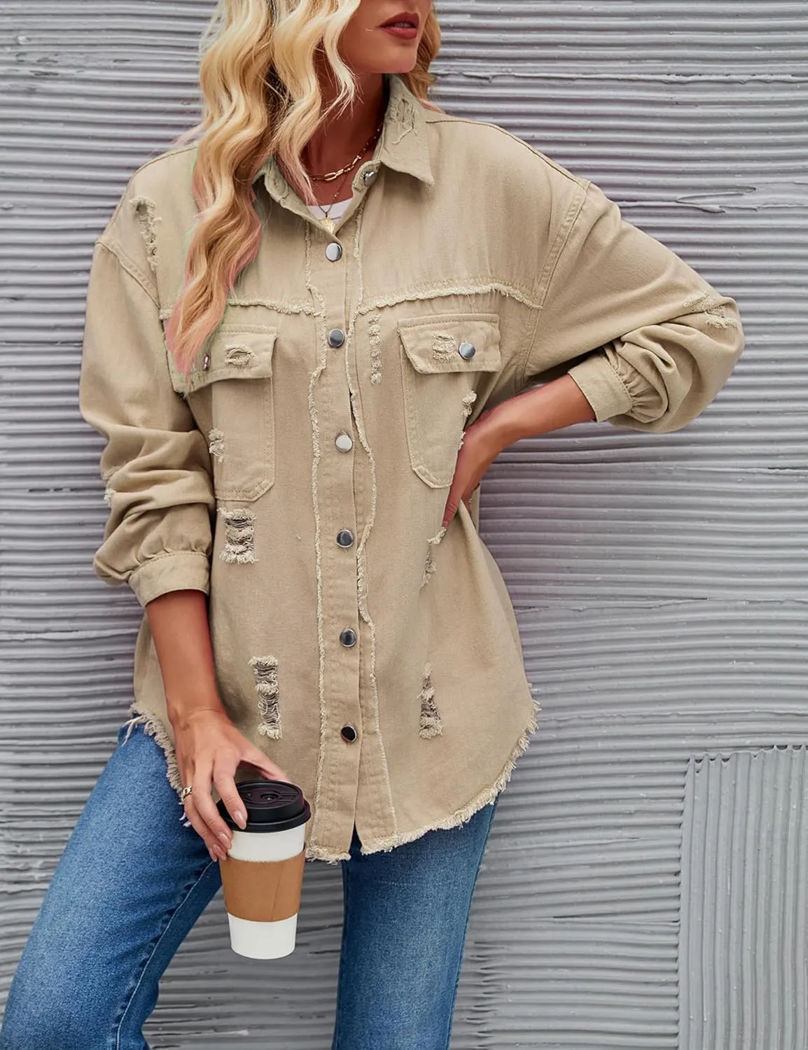 Womens Ripped Distressed Denim Jacket Tops Oversized Casual Long Sleeve Basic Jean Jacket Coats