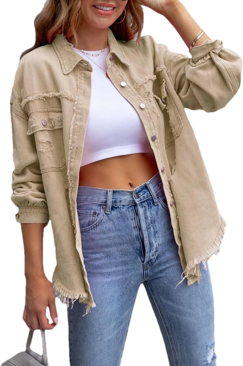 Womens Ripped Distressed Denim Jacket Tops Oversized Casual Long Sleeve Basic Jean Jacket Coats