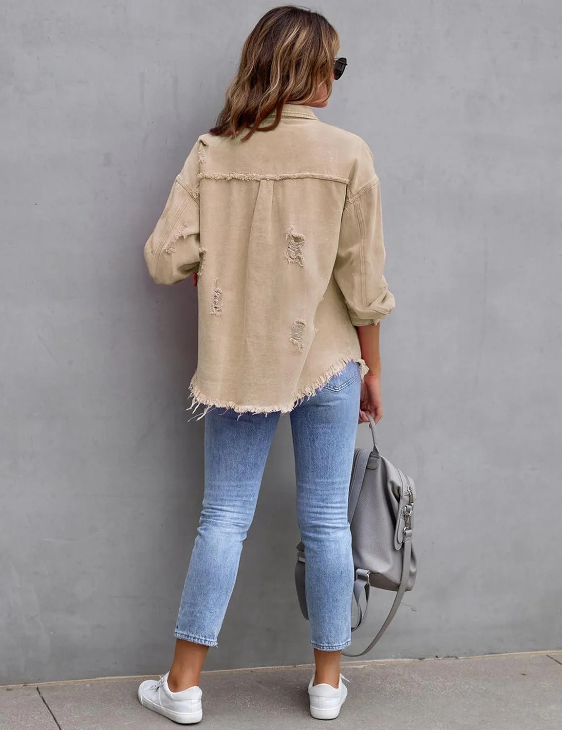 Womens Ripped Distressed Denim Jacket Tops Oversized Casual Long Sleeve Basic Jean Jacket Coats