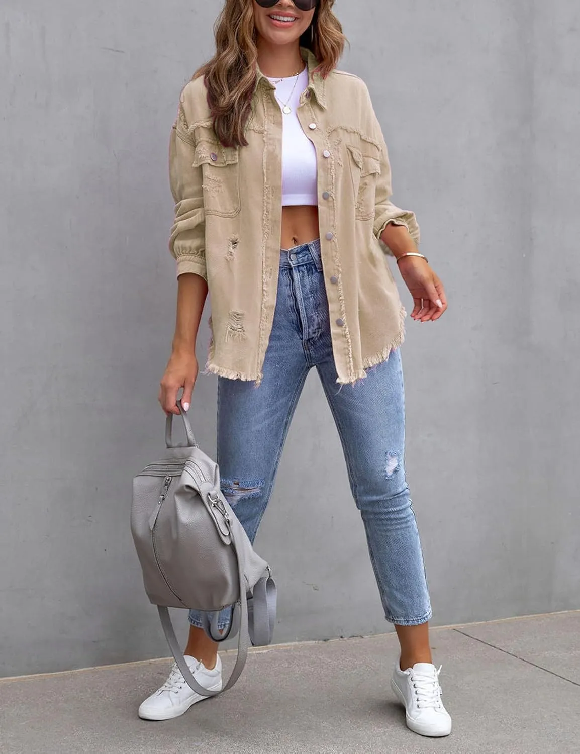 Womens Ripped Distressed Denim Jacket Tops Oversized Casual Long Sleeve Basic Jean Jacket Coats