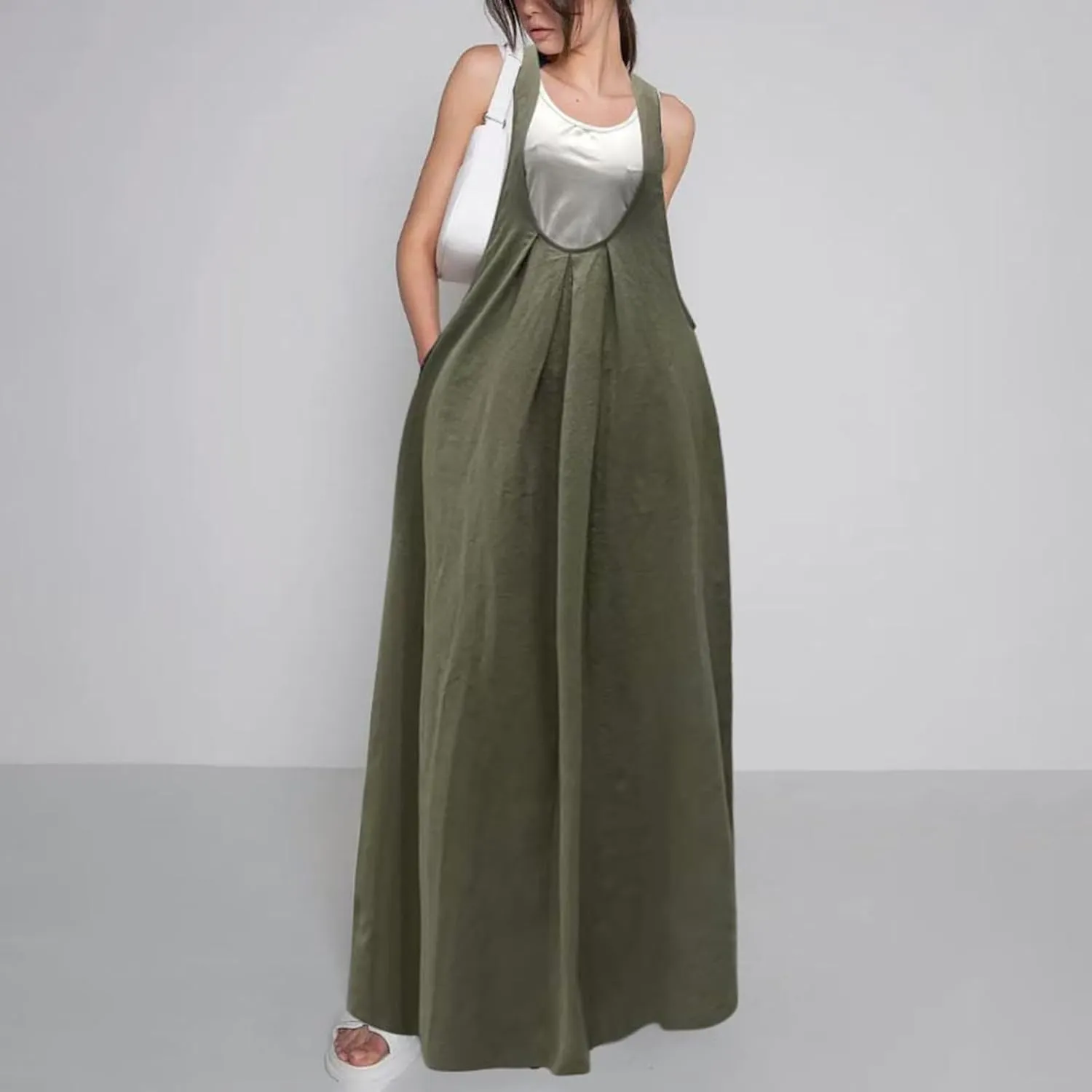 Womens Summer Button Down Maxi Shirt Dress Sleeveless Collared Tiered Work Dresses Beach Sundress with Pockets